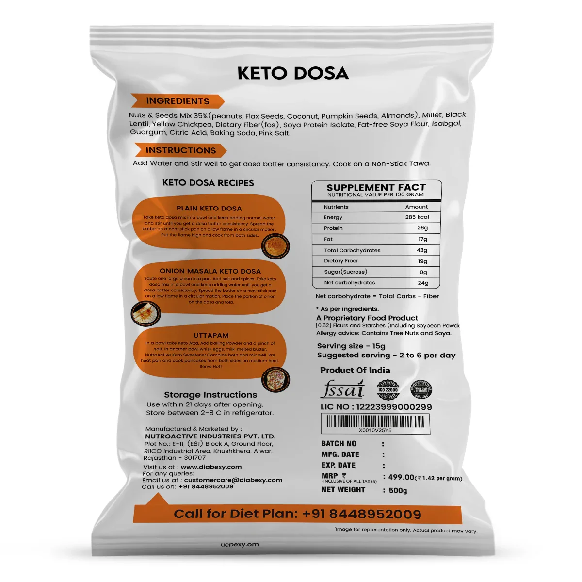 NutroActive Keto Dosa Mix, Low Carb Gluten Free - 500g - Image 2
